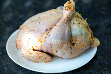 Rustic roast chicken stuffed with farofa