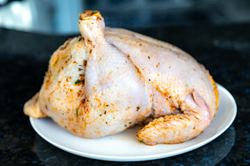 Rustic roast chicken stuffed with farofa