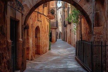 Fototapeta premium An archway leading to an old city street in Mallorca, Spain. The alley is lined with ancient stone buildings