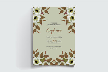 WEDDING INVITATION FRAME WITH FLOWER DECORATIONS AND FRESH LEAVES 