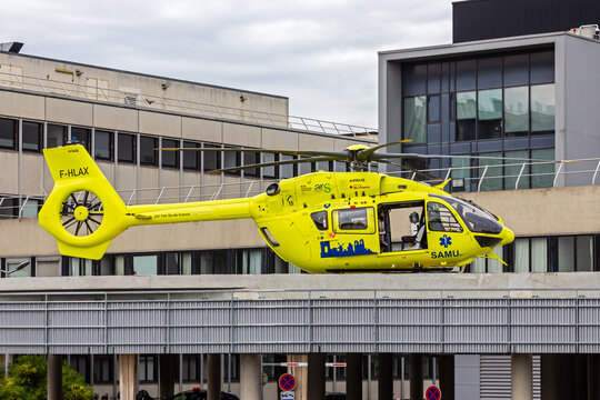 Airbus H145 medical rescue helicopter on standby on the helipad of Henri Mondor Hospital. Paris, France - Oct 15, 2024