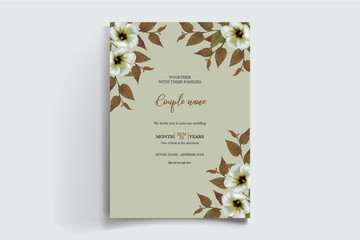 WEDDING INVITATION FRAME WITH FLOWER DECORATIONS AND FRESH LEAVES 