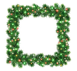 Christmas wreath with glowing Christmas lights. Christmas tree decoration. Holiday fir tree garland. Festive winter season frame, realistic spruce branches. Transparent background in vector file.