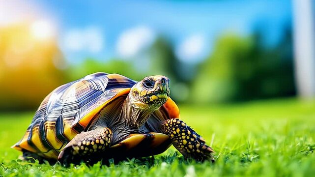 A colorful tortoise on green grass in sunlight.
