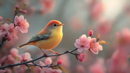 A Small Bird Perched on a Branch of a Blooming Tree