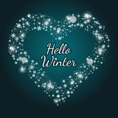 hello winter template. card, a heart-shaped frame made of snowflakes, stars and shining lights. vector illustration on gradient background. for backdrop, banner, greeting, invitation, poster