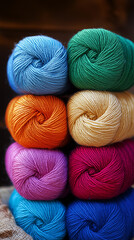 Collection of colorful yarn balls, for knitting, crocheting, and crafting projects