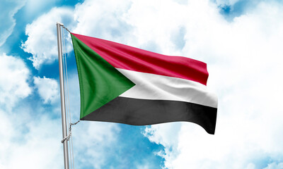 Sudan flag waving on sky background. 3D Rendering
