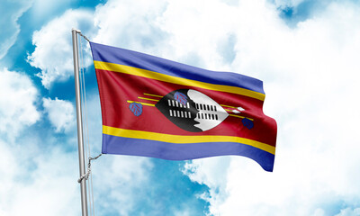 Swaziland flag waving on sky background. 3D Rendering