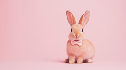 Obraz premium Stock minimalist photography of a cute bunny wearing a small bow tie and sitting on a smooth pastel backdrop with soft studio lighting for a minimalist, elegant effect