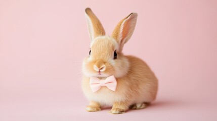 Obraz premium Stock minimalist photography of a cute bunny wearing a small bow tie and sitting on a smooth pastel backdrop with soft studio lighting for a minimalist, elegant effect