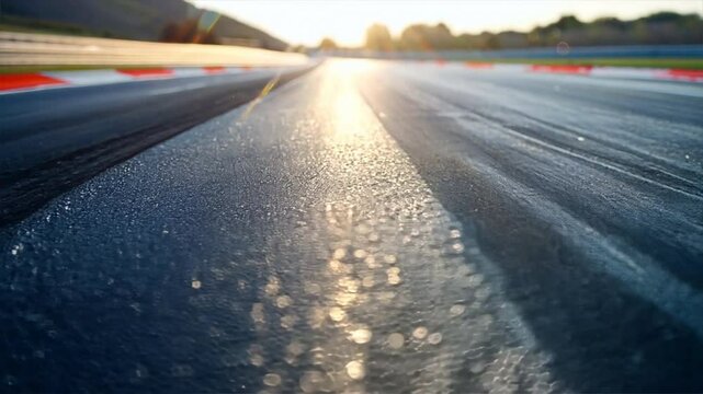 Close Up Perspective of Racetrack Asphalt Texture and Speed Under Sunlight, Capturing Vibrant Outdoor Racing Experience