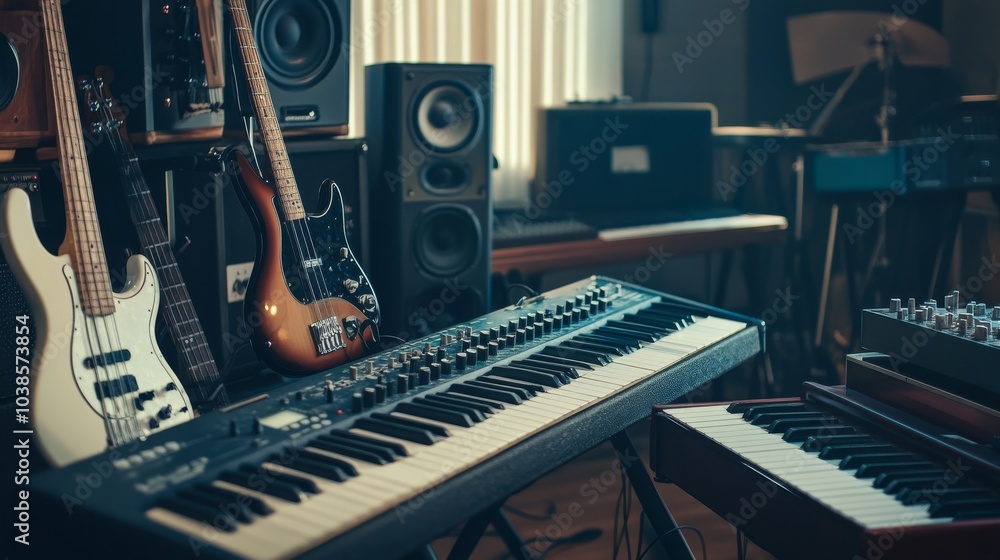 Poster a sleek music studio filled with instruments and recording equipment, musician's tools set up for a 