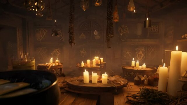 Camera zooms out from bubbling cauldron in dimly lit witch's workshop with low key, practical lighting from candles, crystals, and strange symbols