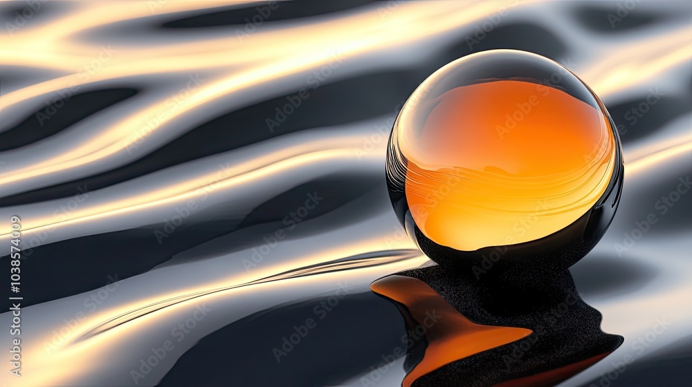 Poster orange and black sphere positioned on a wavy surface, casting reflections and creating a bold design