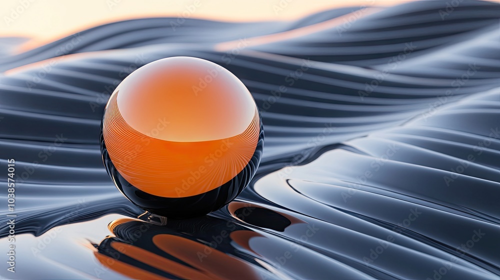 Poster orange and black sphere positioned on a wavy surface, casting reflections and creating a bold design