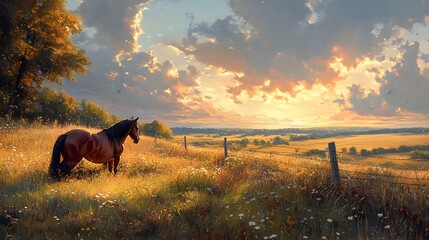 Horse in Meadow at Golden Sunset