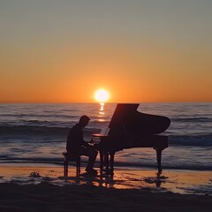 Obraz premium Pianist Performing at Sunset by the Ocean