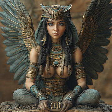 Serket, Egyptian Goddess Statue:  A mesmerizing digital art depiction of the Egyptian goddess Serket, showcasing intricate details and a serene pose.  Her turquoise and gold attire, feathered wings.