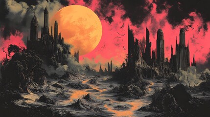 Ruined Cityscape under a Blood Red Sky