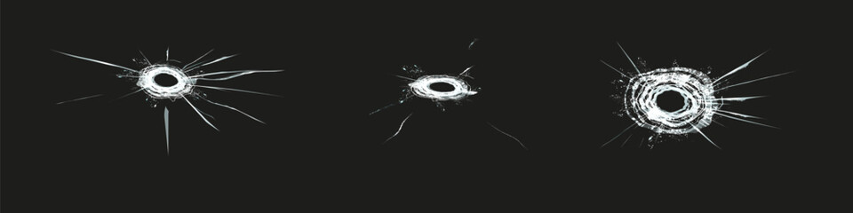 Naklejka premium Set of Broken glass bullet holes in glass isolated on black background. Bullet Holes Glass icon set. Broken window