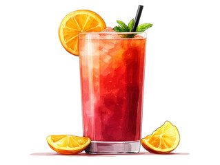 A tall glass filled with a refreshing red and orange layered cocktail, garnished with an orange slice and mint sprig.