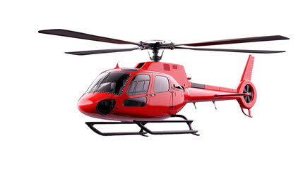 Red helicopter in flight with rotors spinning on transparent background