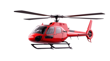 Red helicopter in flight with rotors spinning on transparent background