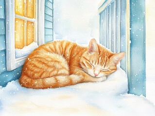 A cozy orange tabby curled up on a snowy porch, the soft watercolor strokes capturing the gentle snowfall and warm golden light from a nearby window