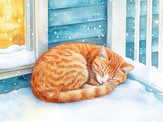 A cozy orange tabby curled up on a snowy porch, the soft watercolor strokes capturing the gentle snowfall and warm golden light from a nearby window
