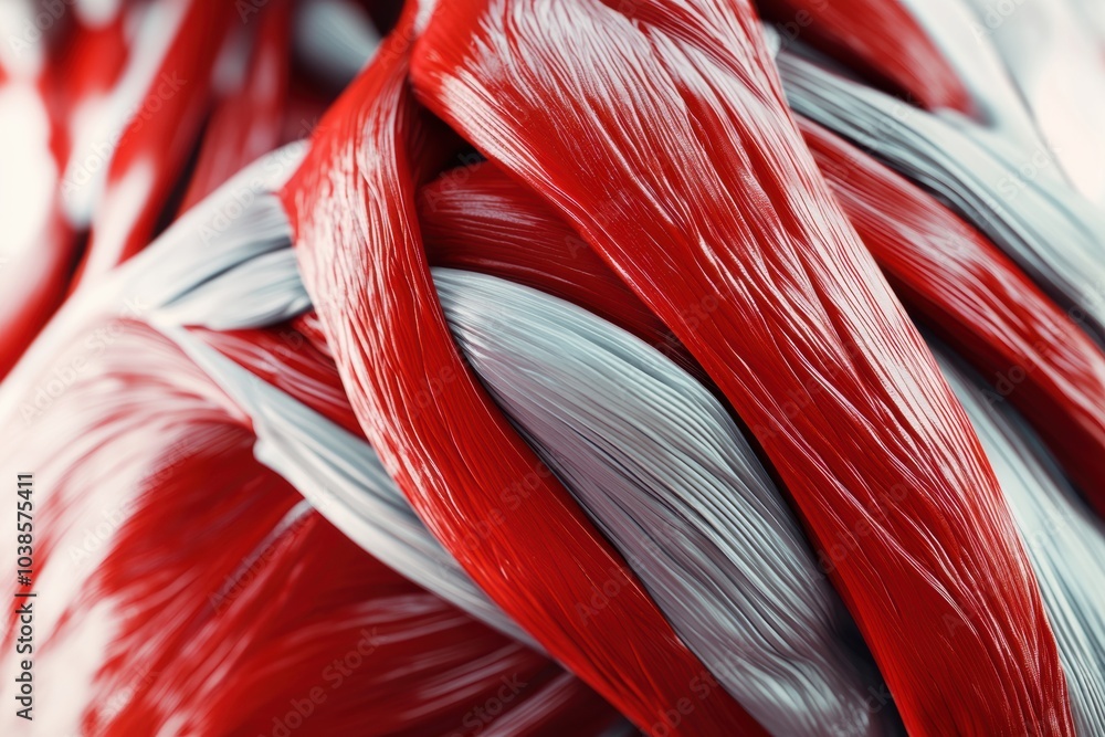 Fototapete A close-up view showcases the intricate textures of a red and white muscle, emphasizing anatomical details and coloration. Generative AI