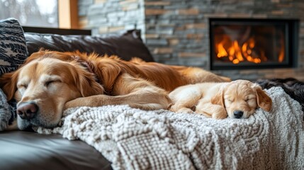 Obraz premium A humorous scene of a large dog sprawled out on a couch, while an adorable golden retriever puppy peacefully snoozes next to him.
