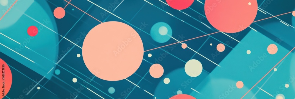Poster an abstract design showcases large and small circles scattered along a diagonal grid, creating a vib