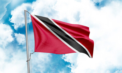 Trinidad and Tobago flag waving on sky background. 3D Rendering