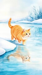 Obraz premium A serene winter lake with frozen waters, a cat walking along the snowy shore, its reflection shimmering in the icy surface, a soft watercolor touch