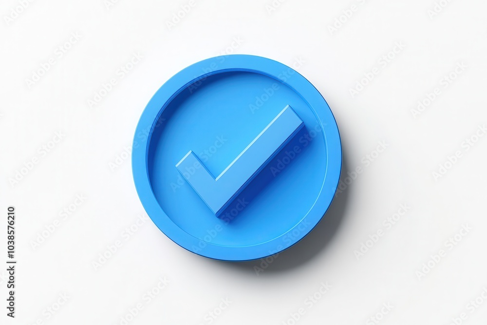 Poster blue checkmark emblem - standalone three-dimensional design of verification symbol on a light-colore