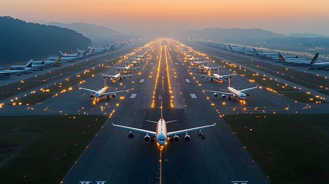 Airplanes Lined Up On Runway At Sunset