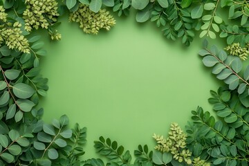 Lively moringa leaves set against rich green background. Bird's eye view showcasing blank space for text