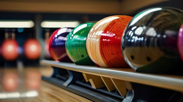 Bowling balls of different colors are lie in row on rack. Metal stand for collecting balls after throwing before game in bowling arena closeup.