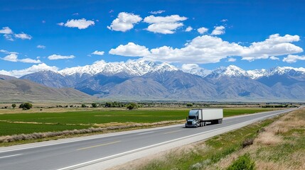 Truck with trailer on a lonely highway with a beautiful natural background with mountains in the background.