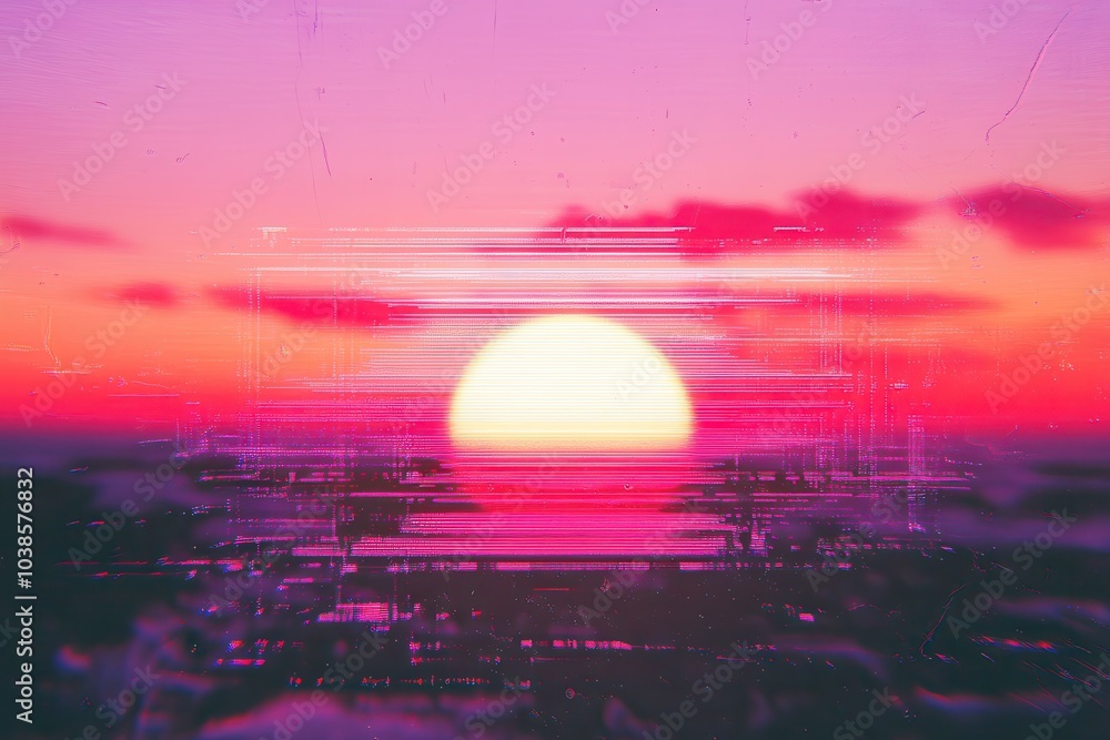 Poster abstract digital scene showcasing pixelated noise disruption. twisted retro sunset with vhs glitch a