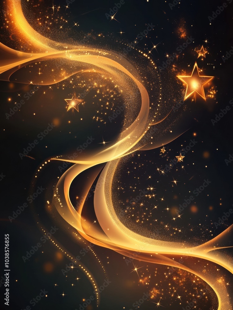 Poster glistening golden spirals and twinkling stars create an enchanting abstract composition, evoking a j