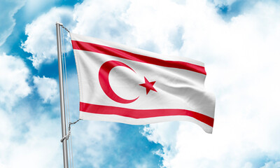 Turkish Republic of Northern Cyprus flag waving on sky background. 3D Rendering