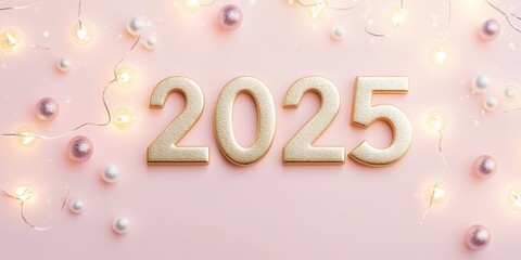Minimalist numbers "2025" in matte gold on a soft, monochromatic background with a single festive light.