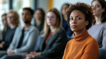 Obraz premium A diverse group of people attending a workshop or seminar on mental health, demonstrating awareness and education on psychological well-being
