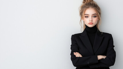 Obraz premium A confident young woman poses in a stylish black suit. Her arms are crossed as she gazes thoughtfully, exuding professionalism and elegance in a minimalist setting.