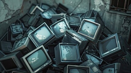 Old televisions devices pilled up on a junkyard
