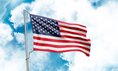United States flag waving on sky background. 3D Rendering