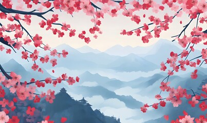 Cherry_branch_adorned_with_red_blossoms_extends_across,generation AI