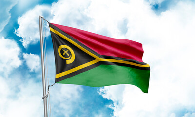 Vanuatu flag waving on sky background. 3D Rendering